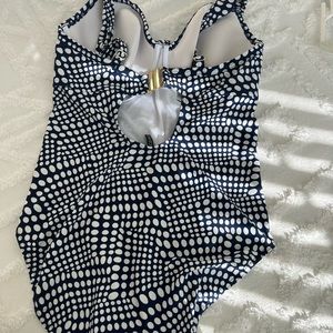 Polka Dot One-Piece Swimsuit with Gold Accent - Navy/White